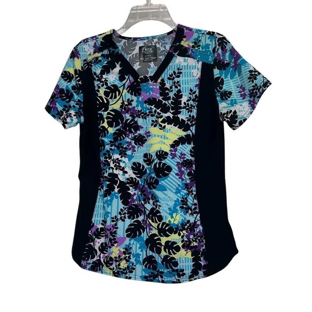 Cherokee iFlex Scrub Top Women's Medium Multicolor Floral V-neck Short Sleeve